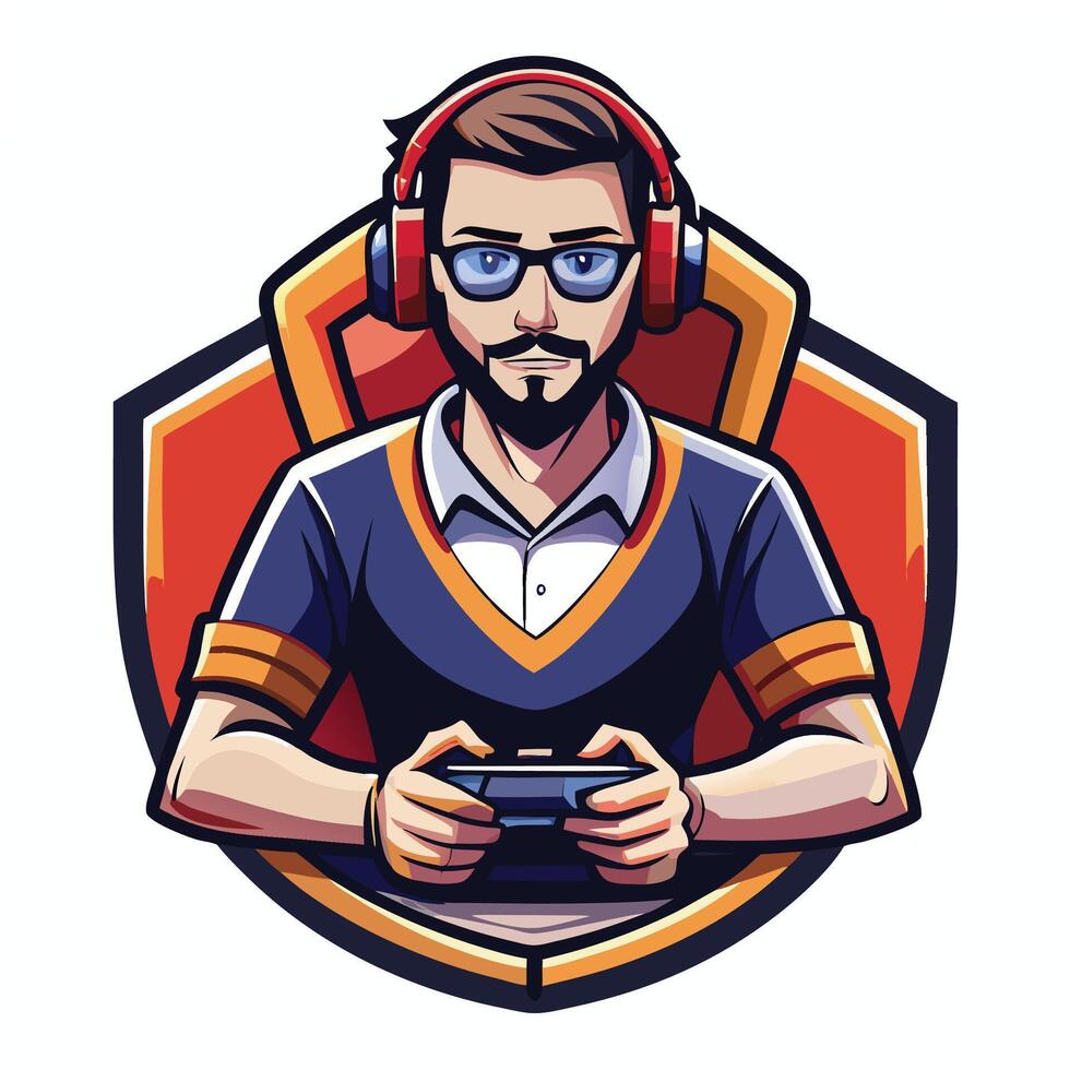 a man with glasses and a headset holding a controller vector