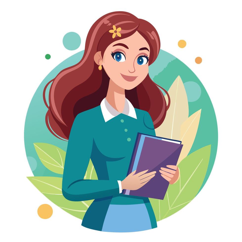 a girl with long red hair is holding a book vector