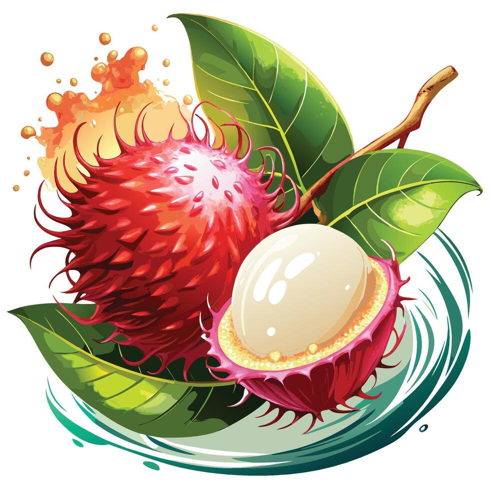 a rambutan fruit with a leaf and a splash of water vector