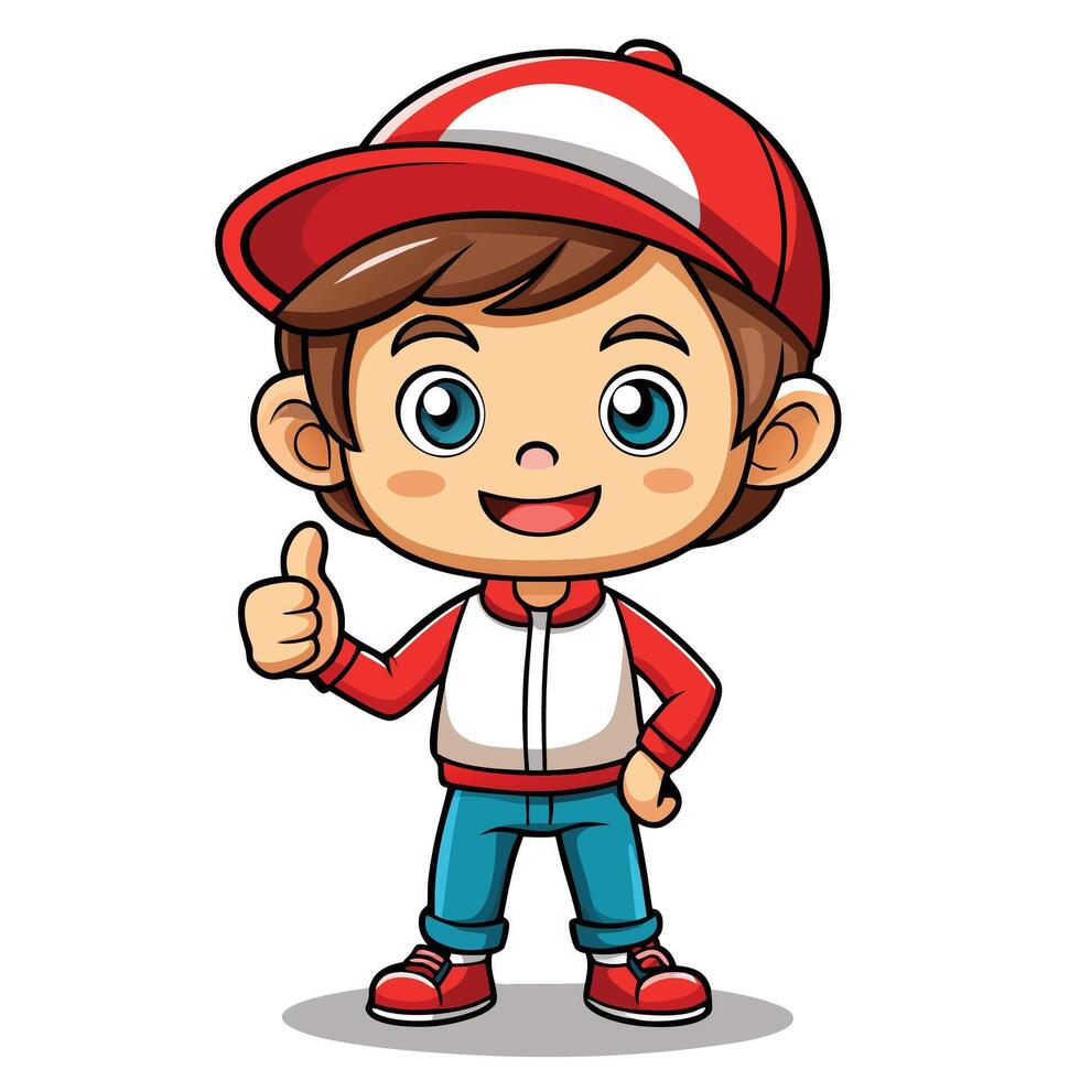 cartoon boy in red cap and jeans showing thumbs up vector