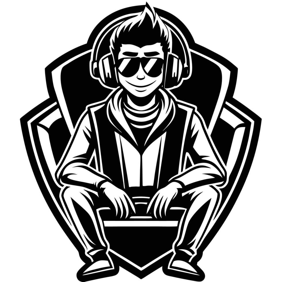 a black and white image of a man wearing headphones vector