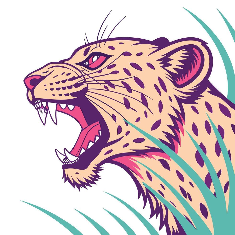 a leopard head with its mouth open and its teeth showing vector