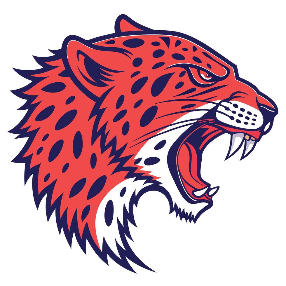 the head of a jaguar is shown in a red and blue color vector