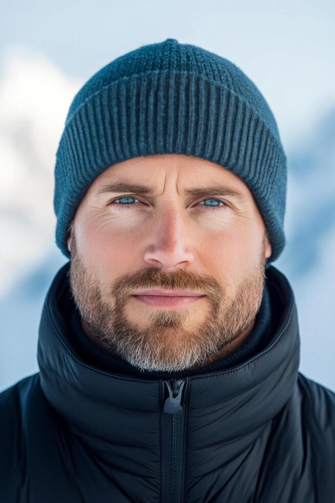 Portrait of a man with blue eyes and a beanie against a snowy mountain backdrop photo