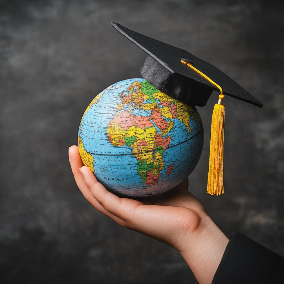 Graduation cap on globe held in hand symbolizing global education and achievement photo