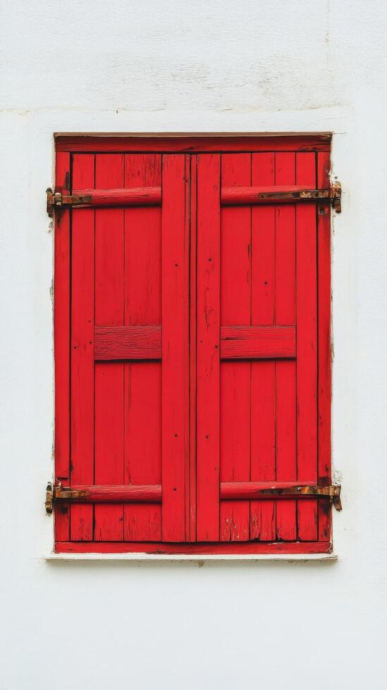 Bright red wooden shutters on a white wall in a sunny outdoor setting photo