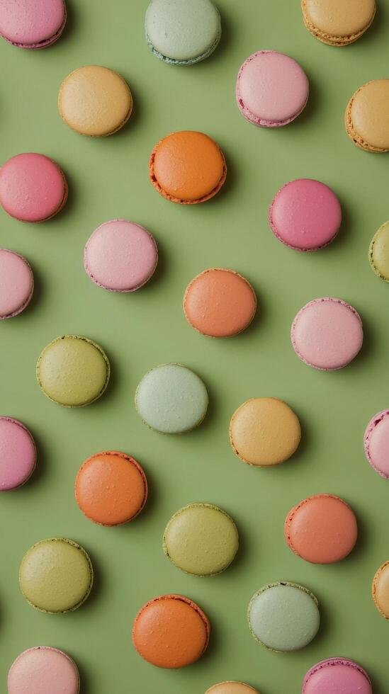 Colorful macarons arranged on a green background showcasing various pastel shades photo