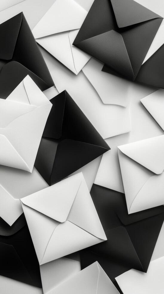 Various black and white envelopes arranged in a chaotic pattern on a flat surface photo