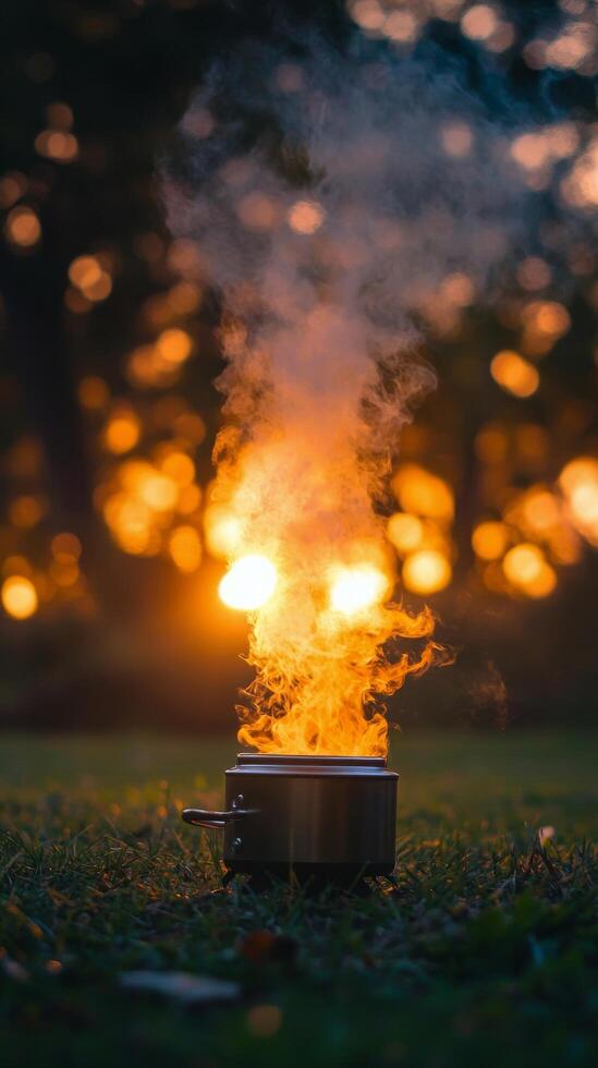 Cooking over an open flame as sunset light creates a magical atmosphere photo