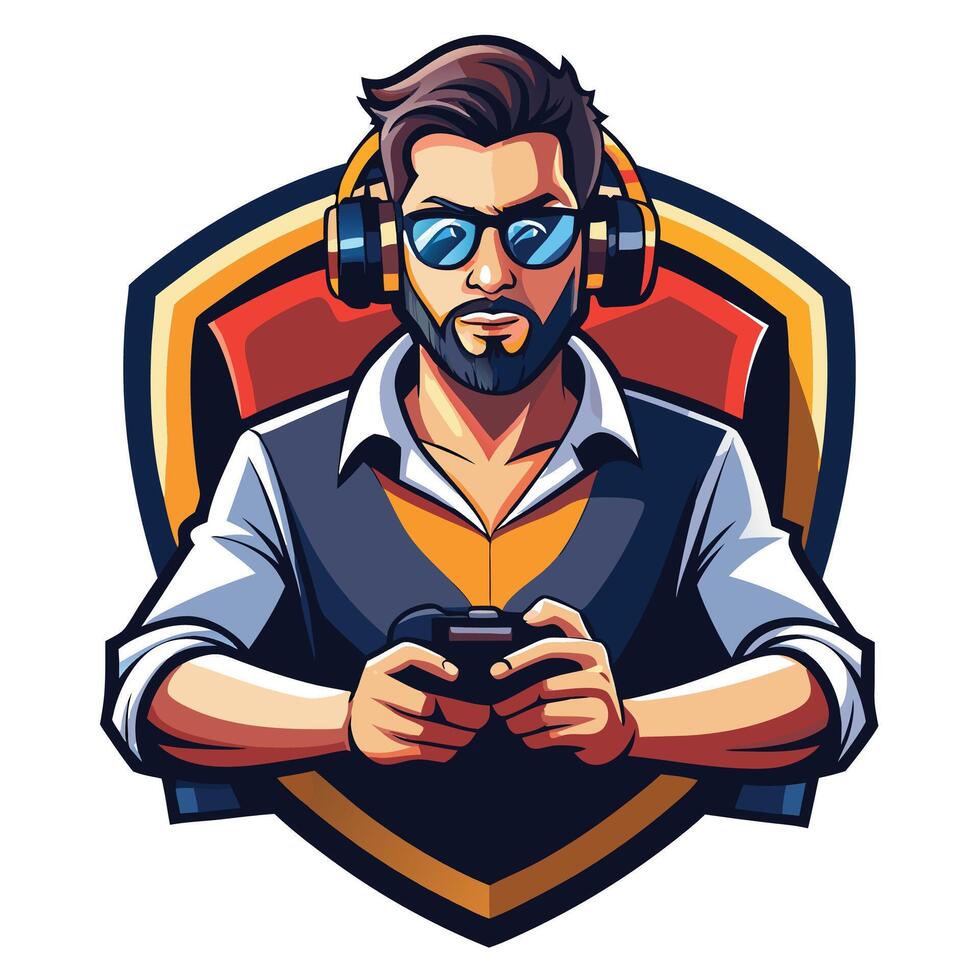 a man with a beard and glasses holding a controller vector