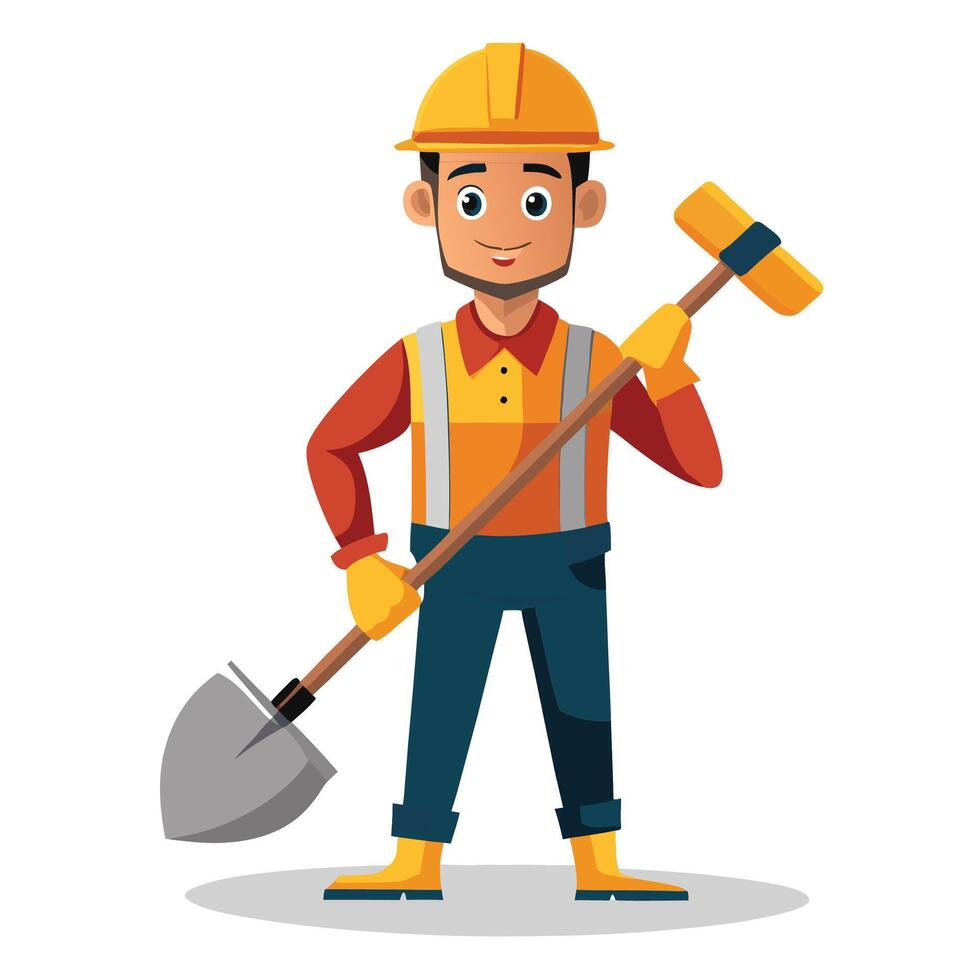 a man in a hard hat and overalls holding a shovel vector