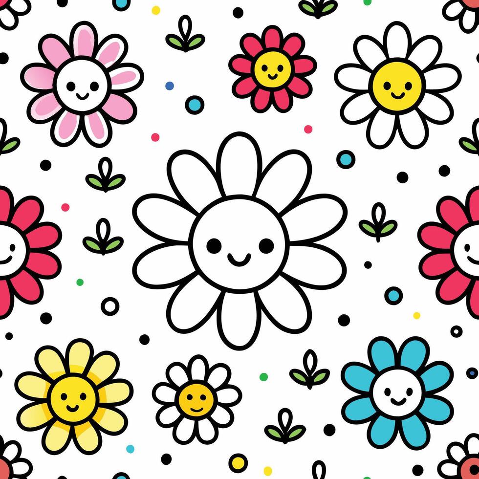 a pattern with flowers and faces vector