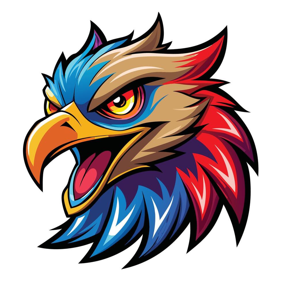 an eagle head with red, blue and yellow feathers vector