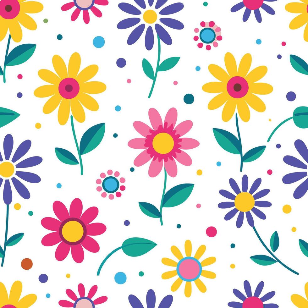 seamless pattern with colorful flowers and dots vector