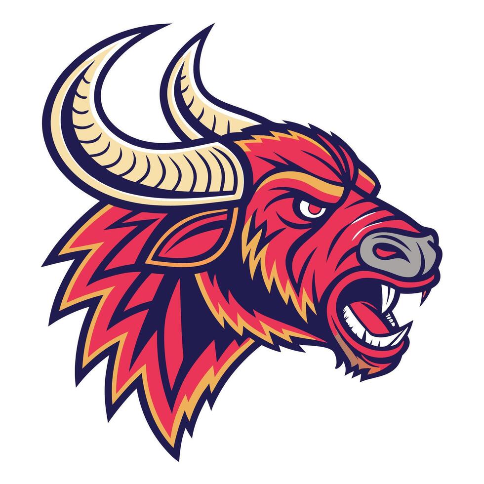 an angry bull head with horns and a red and yellow color scheme vector
