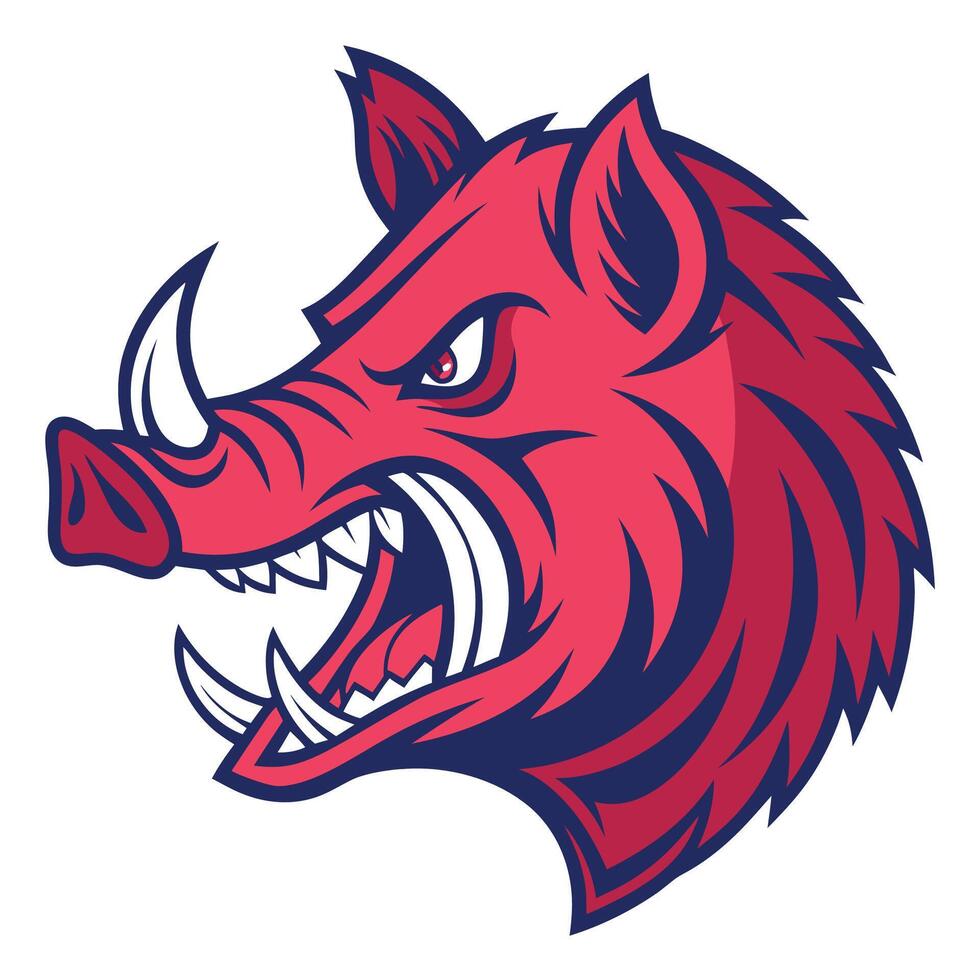 the head of a wild boar is shown in a red and blue color vector