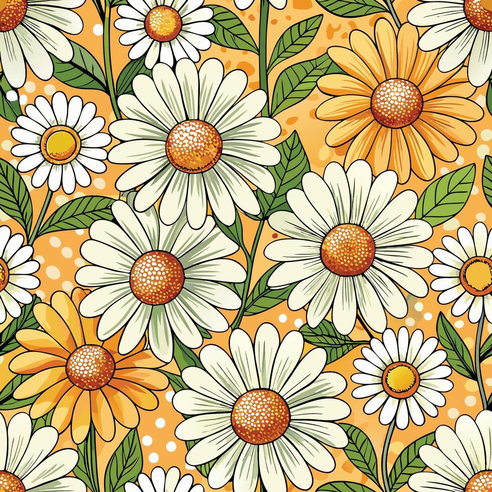 a seamless pattern with daisies and leaves vector