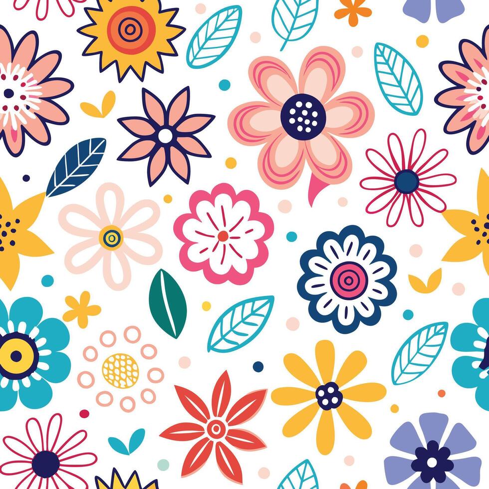 floral seamless pattern with colorful flowers and leaves vector