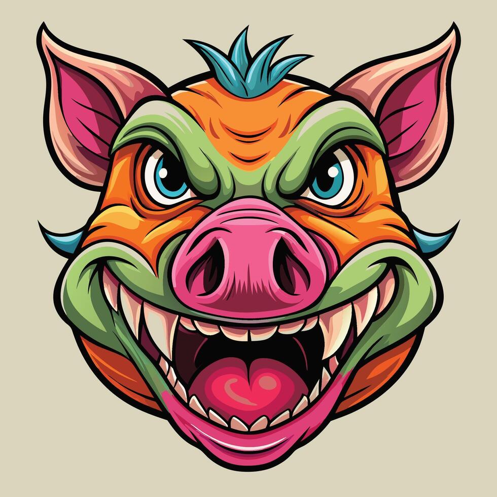 a cartoon pig head with a big mouth and teeth vector