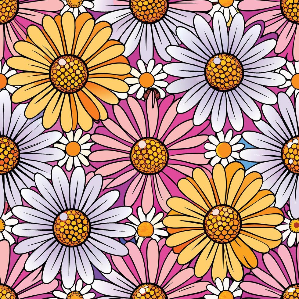 a colorful pattern with daisies on a pink background vector