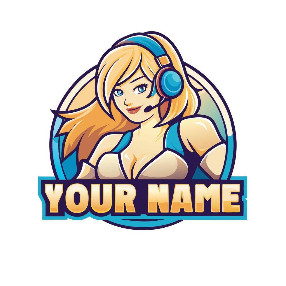 a cartoon girl with headphones and a headset logo vector