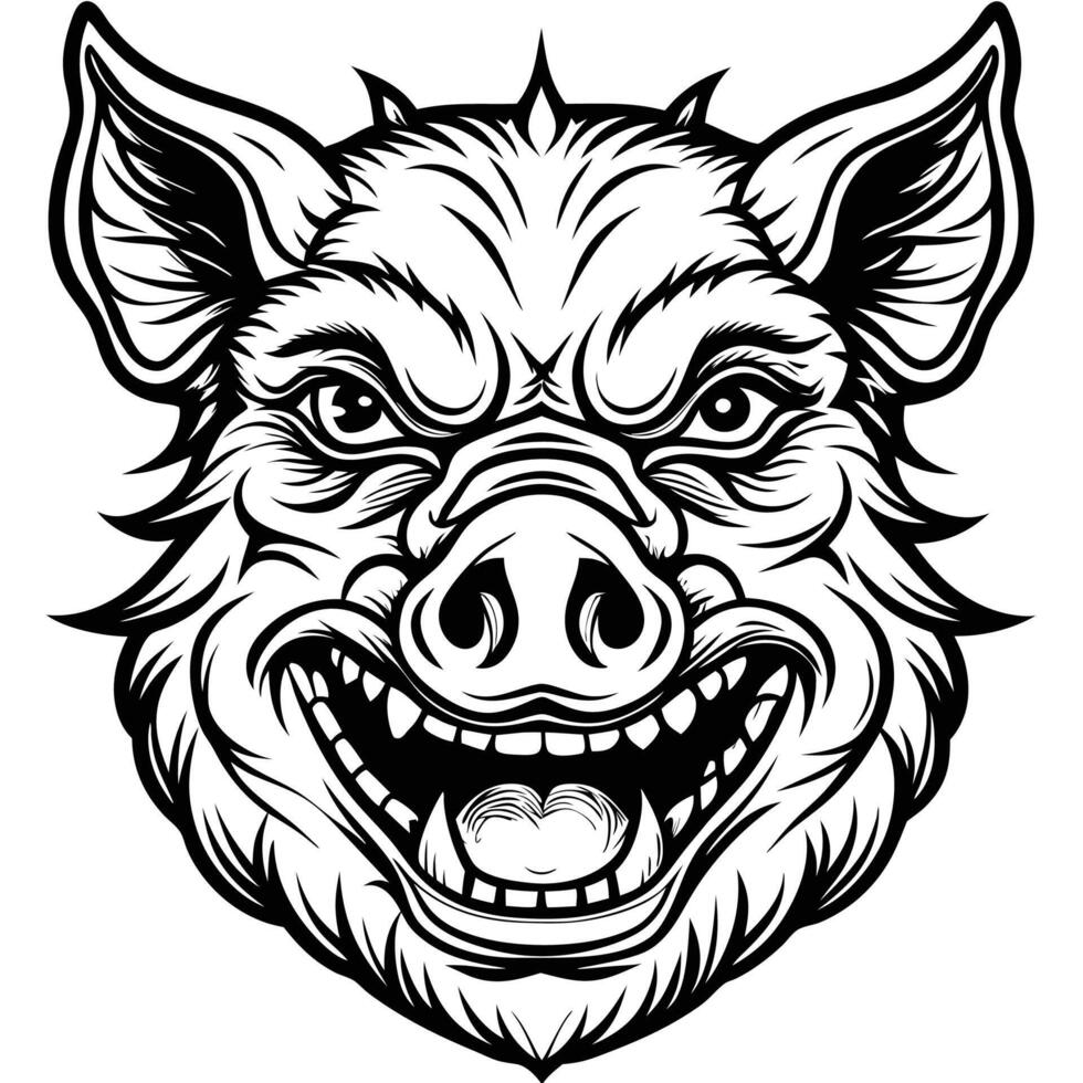 a black and white illustration of a pig head vector