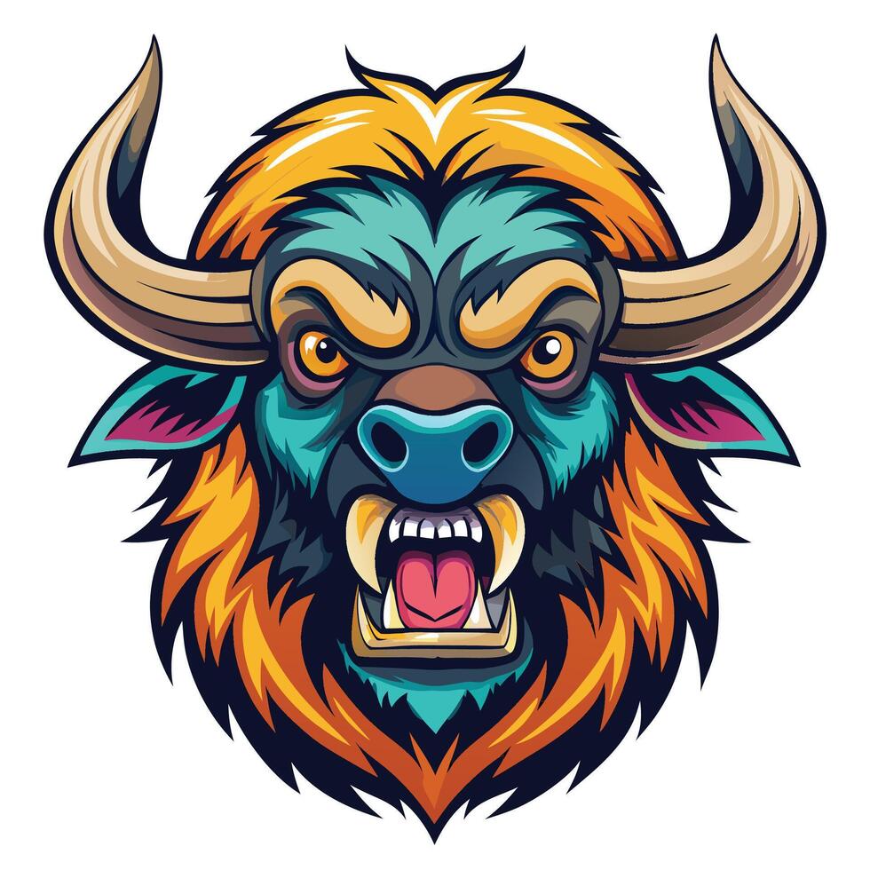 an angry buffalo head with large horns vector