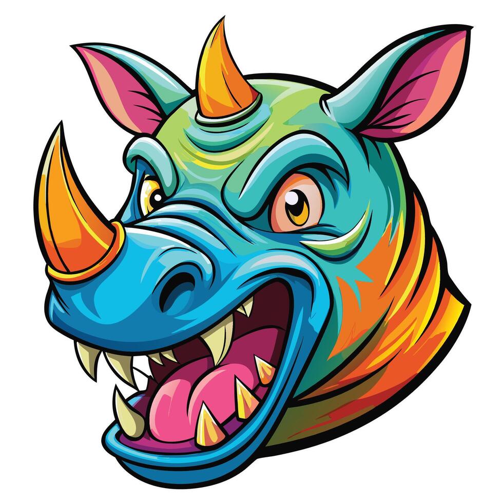 a colorful rhino head with horns and a big mouth vector