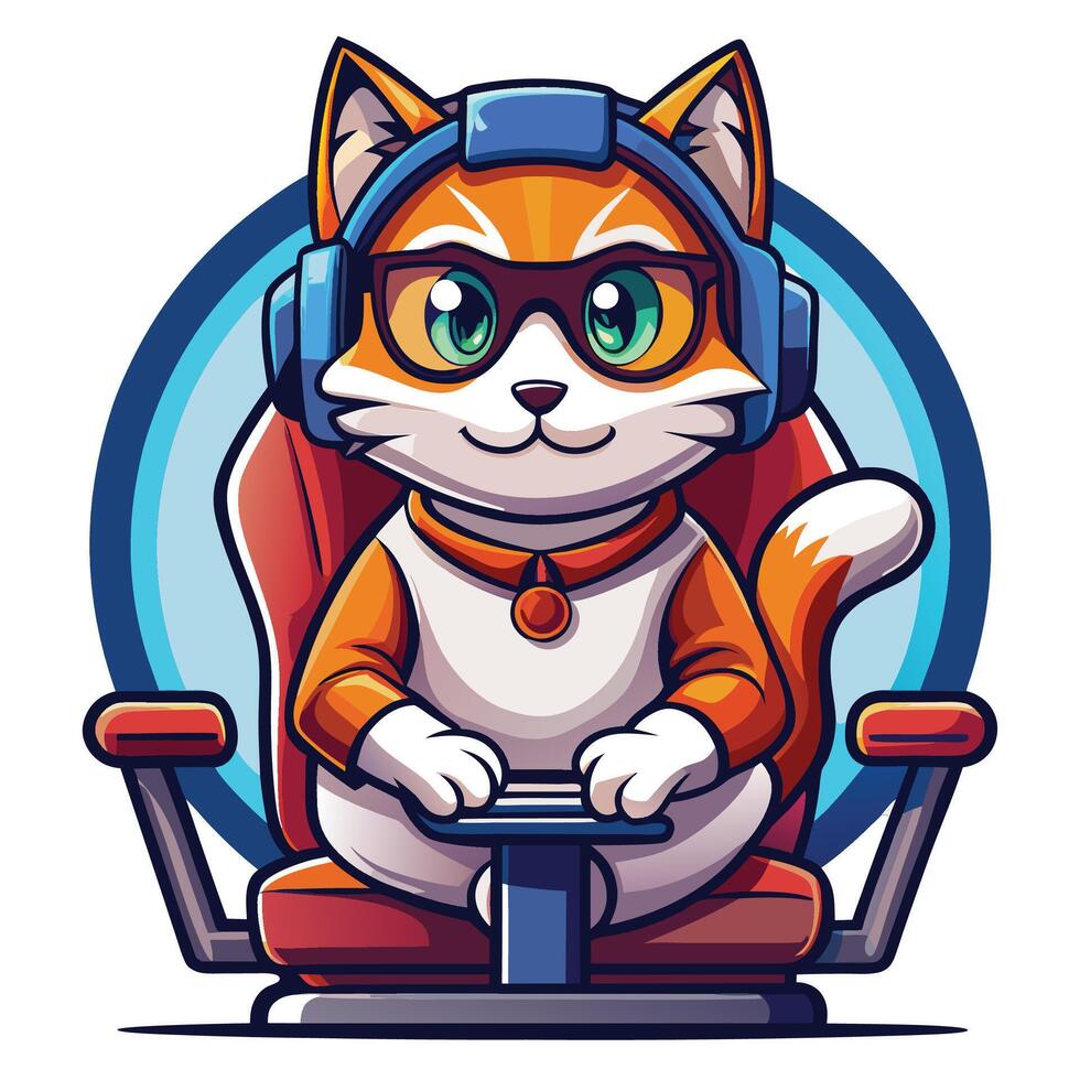 a cartoon cat wearing headphones and sitting in a chair vector