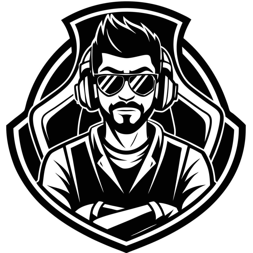 a man with headphones and sunglasses in a shield vector