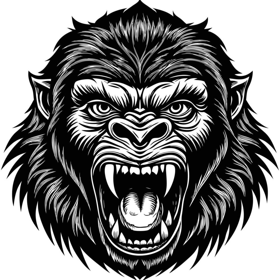 an angry gorilla head with fangs and teeth vector