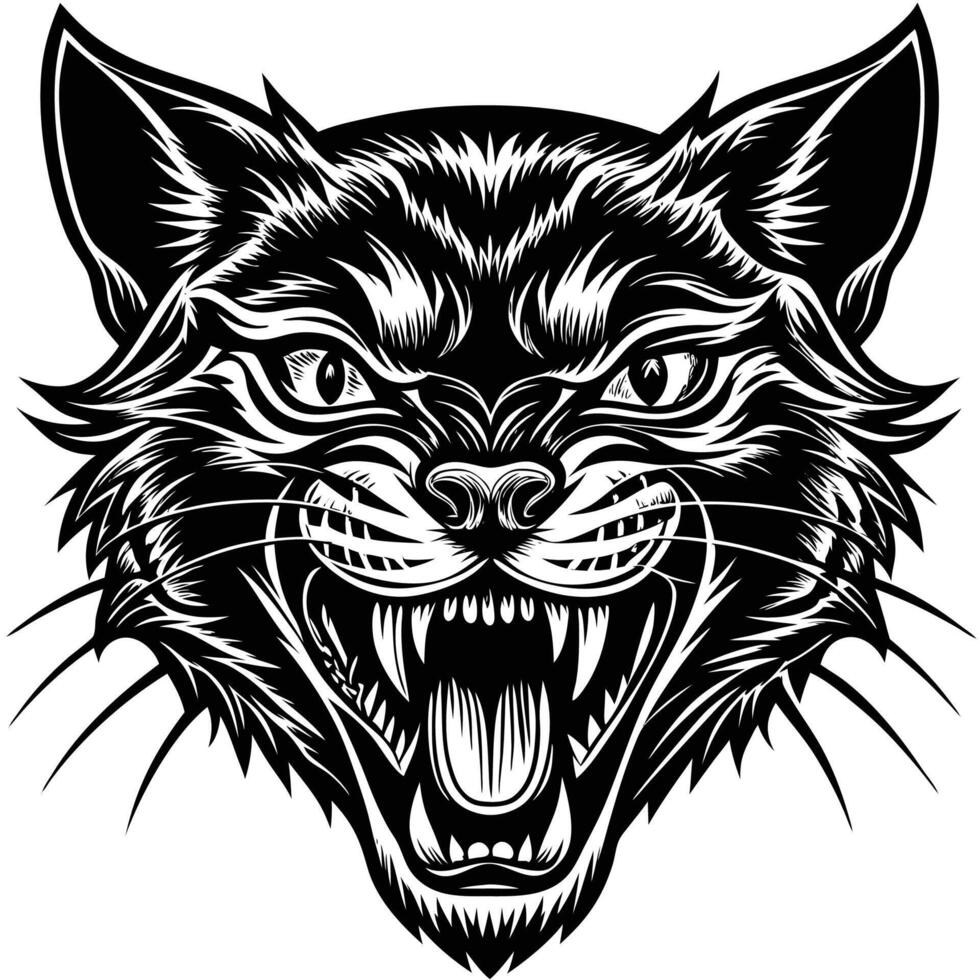 a black and white illustration of a cat head vector
