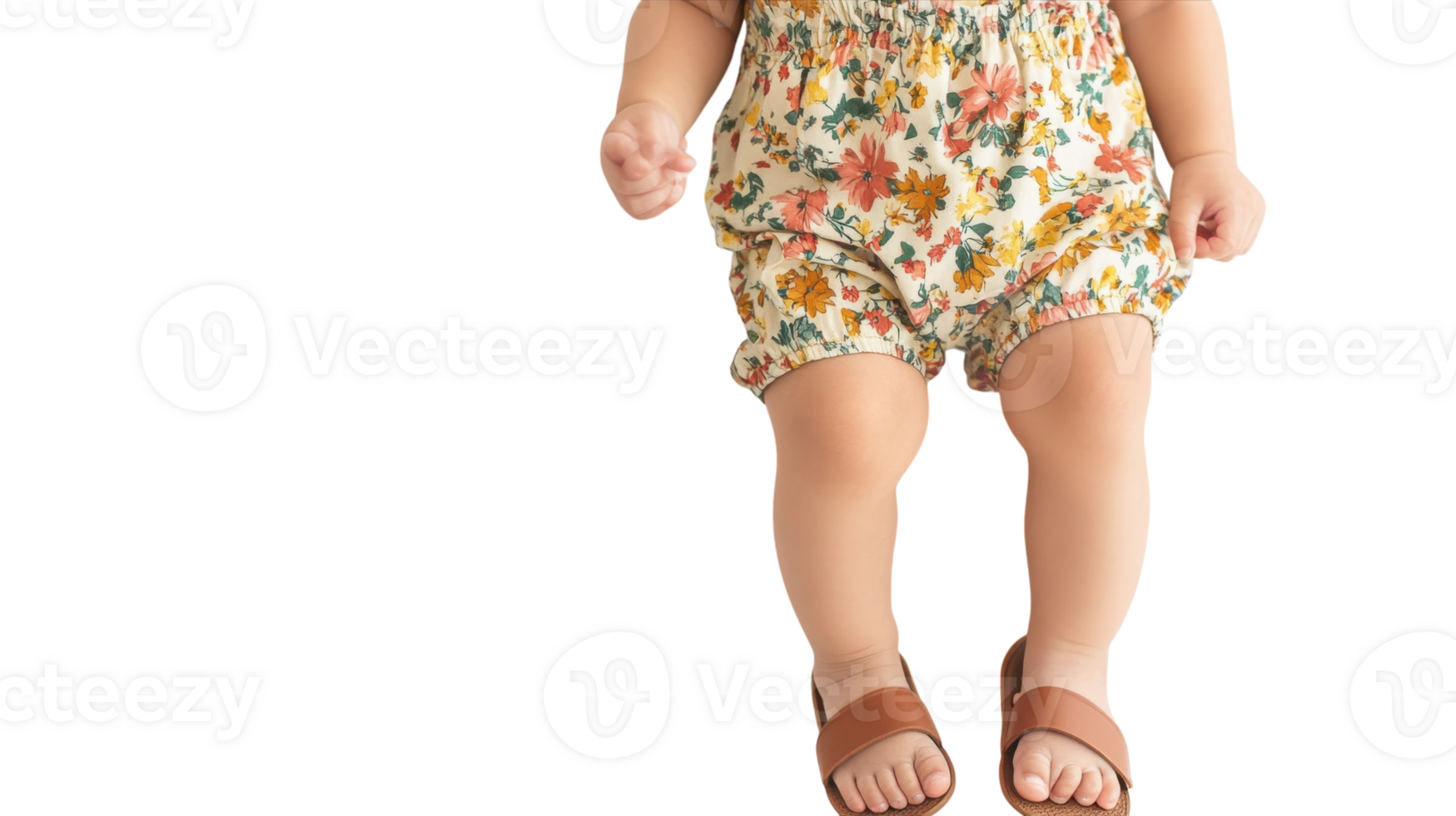 Adorable Child Dressed in a Colorful Floral Romper with Sandals Enjoying a Sunny Day Outdoors. png