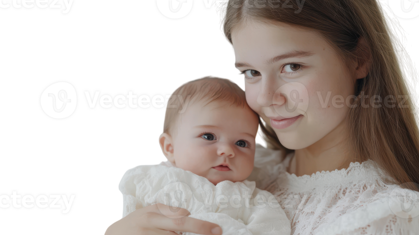 A Caring Nanny Holding an Adorable Baby in a Bright White Setting Perfect for Parenting and Childcare Themes. png