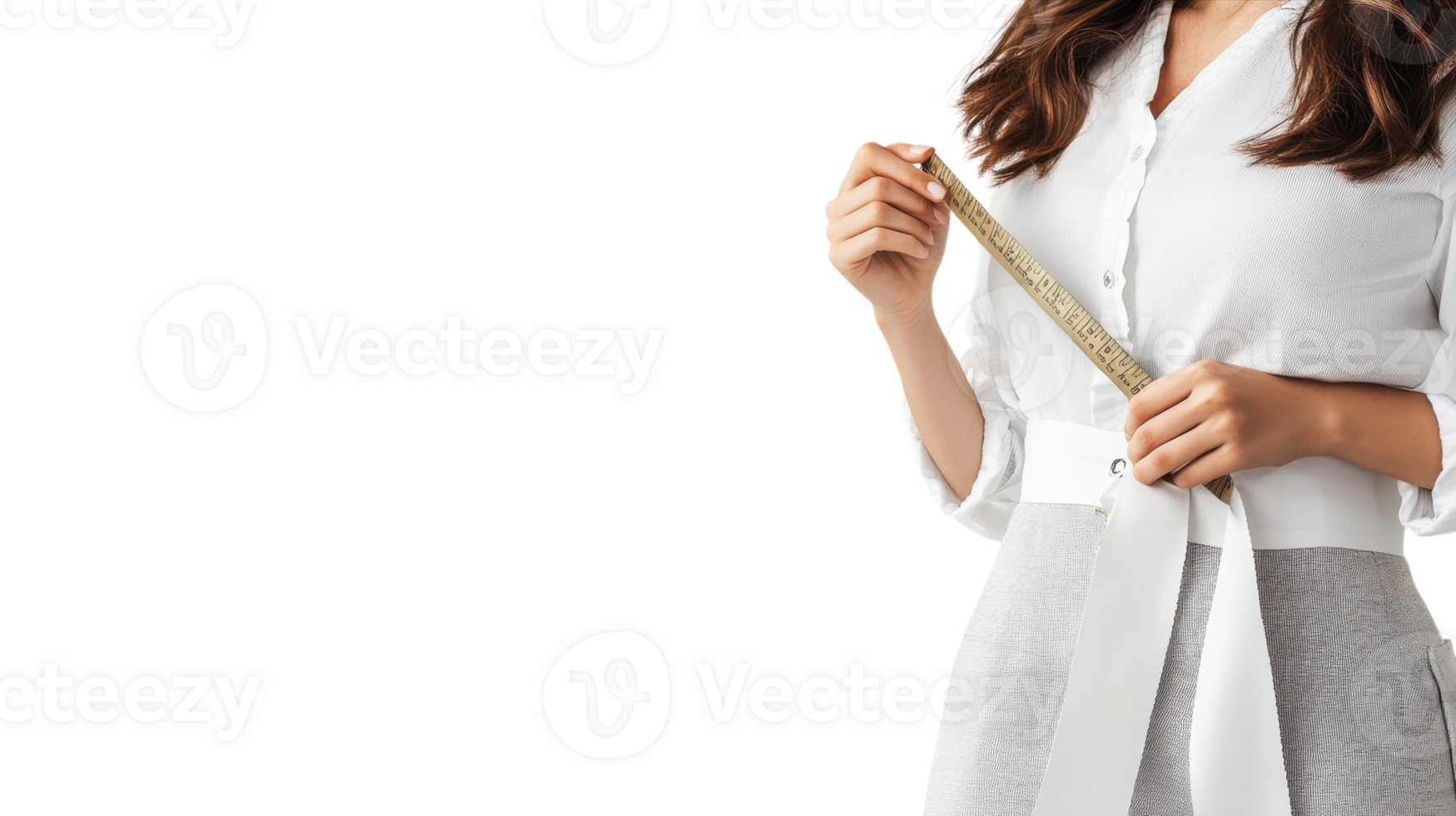 A Skilled Girl Tailor Measuring Fabric on a White Background for Tailoring and Fashion Design Projects. png