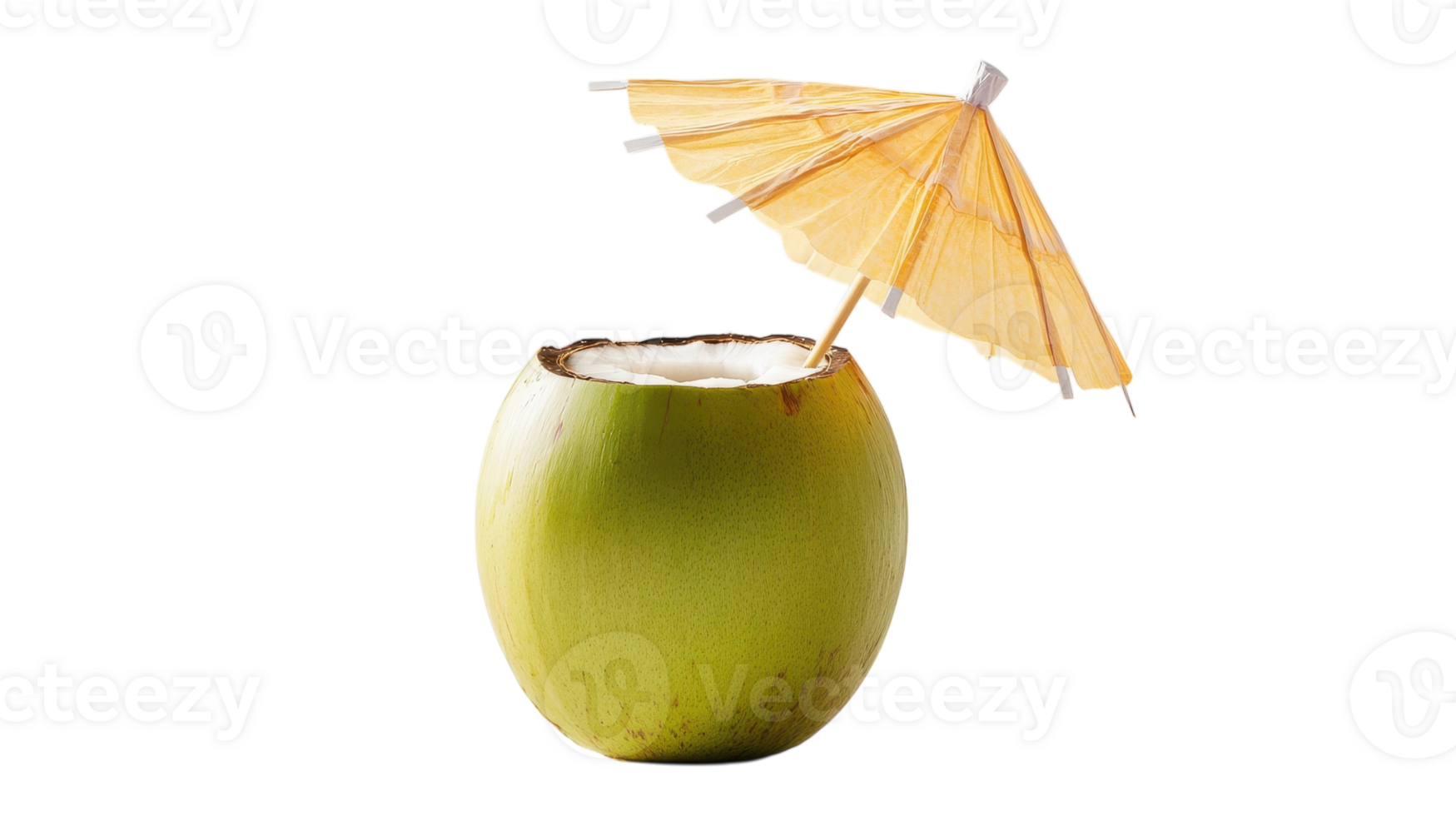 A Refreshing Chilled Coconut Drink with a Paper Umbrella Perfect for Summer Tropics and Beach Parties. png