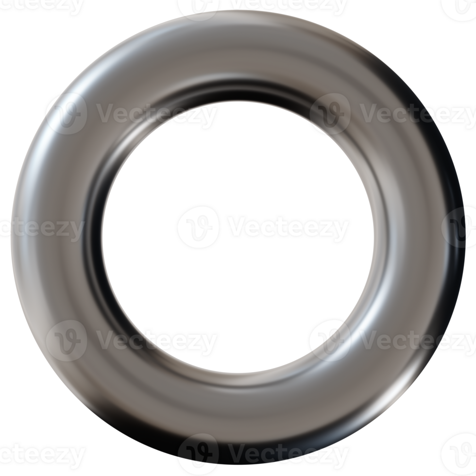 3D chrome ring on transparent background. Modern metallic element, circle, cut out. Y2k style, 2000s. Sleek and tech vibe. Monochrome, gray surface. Round frame. png