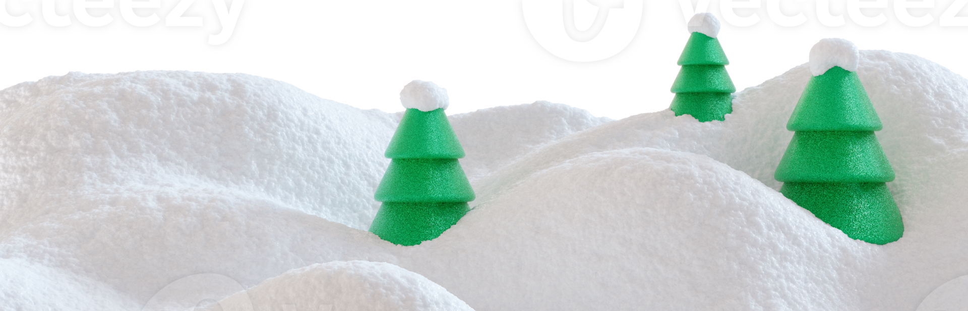 Snow-covered landscape with soft, fluffy mounds of snow and green fir trees, on transparent background. Ideal for use as footer in winter-themed designs, holiday promotions, seasonal graphic. 3D. png