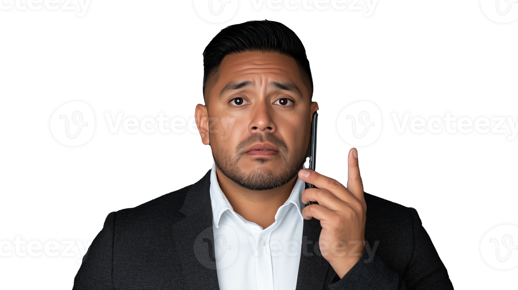 Concerned businessman talking on phone with transparent background png