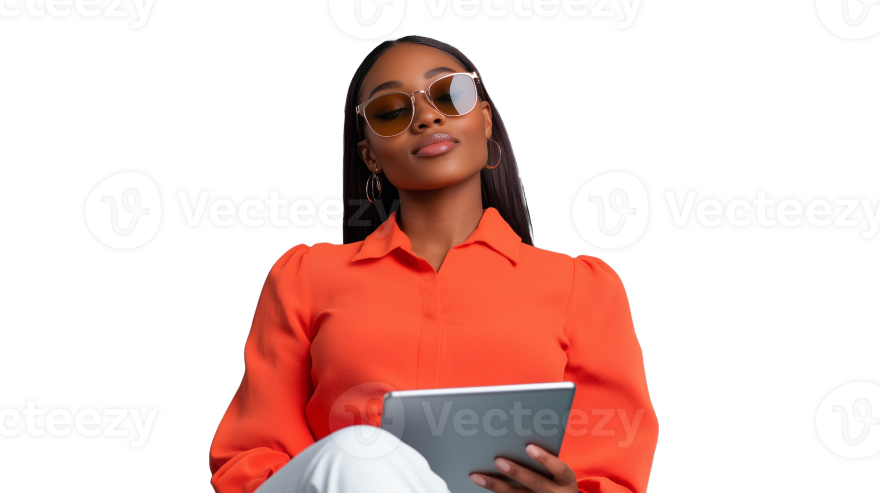 Confident woman in orange blouse using tablet with transparent background png
