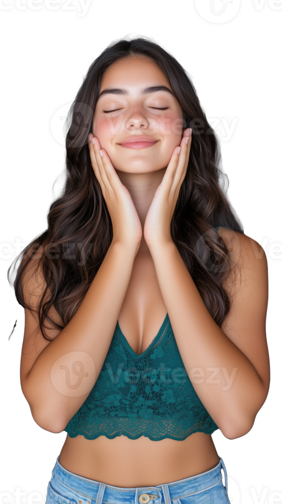 Young Woman Smiling with Hands on Face on Transparent Background png