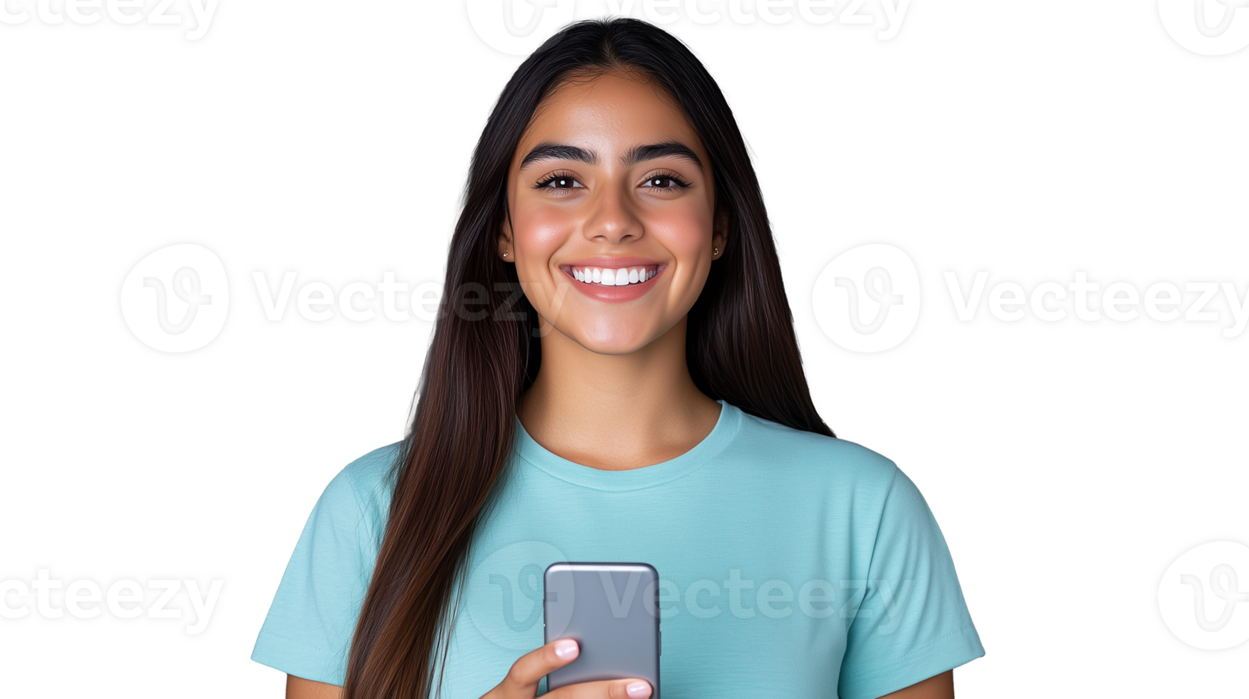 Smiling young woman holding smartphone on transparent background png