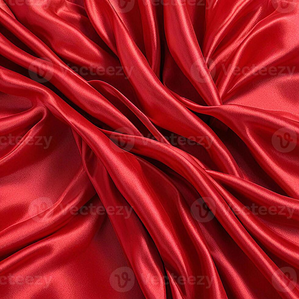 Red background with wavy draped fabric pleats, smooth silk texture with wrinkles and creases photo