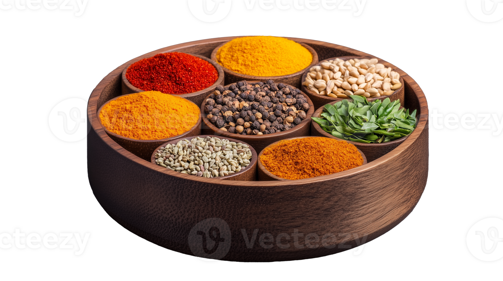 Colorful assortment of spices in wooden bowl with transparent background png