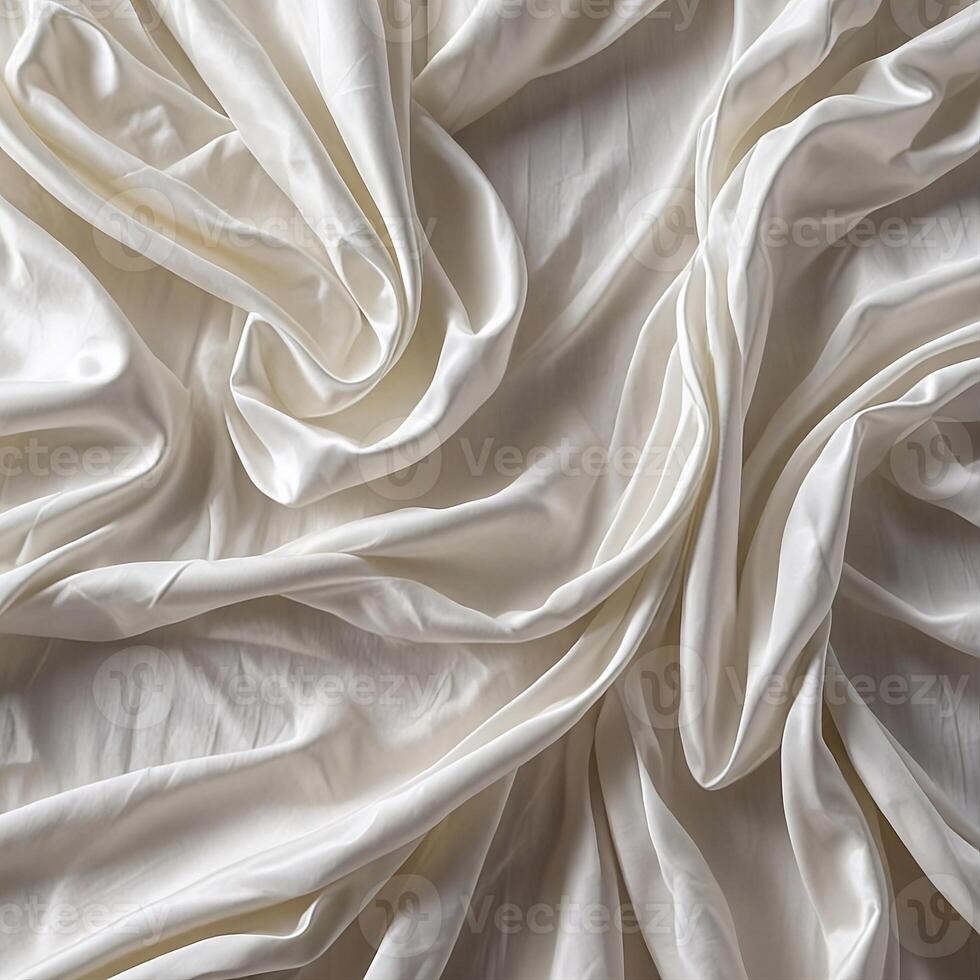 White background with wavy draped fabric pleats, smooth silk texture with wrinkles and creases in the flowing fabric. photo