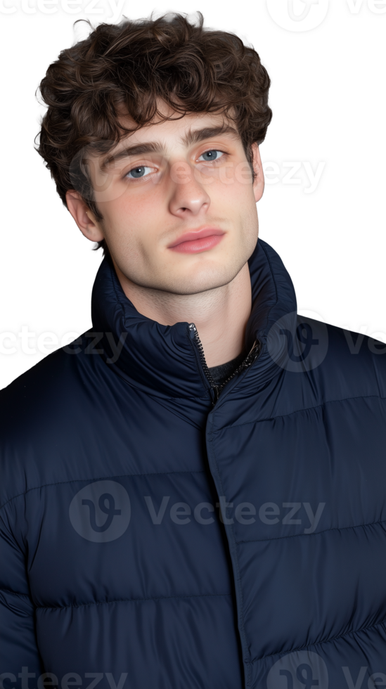 Male model wearing navy puffer jacket with transparent background png