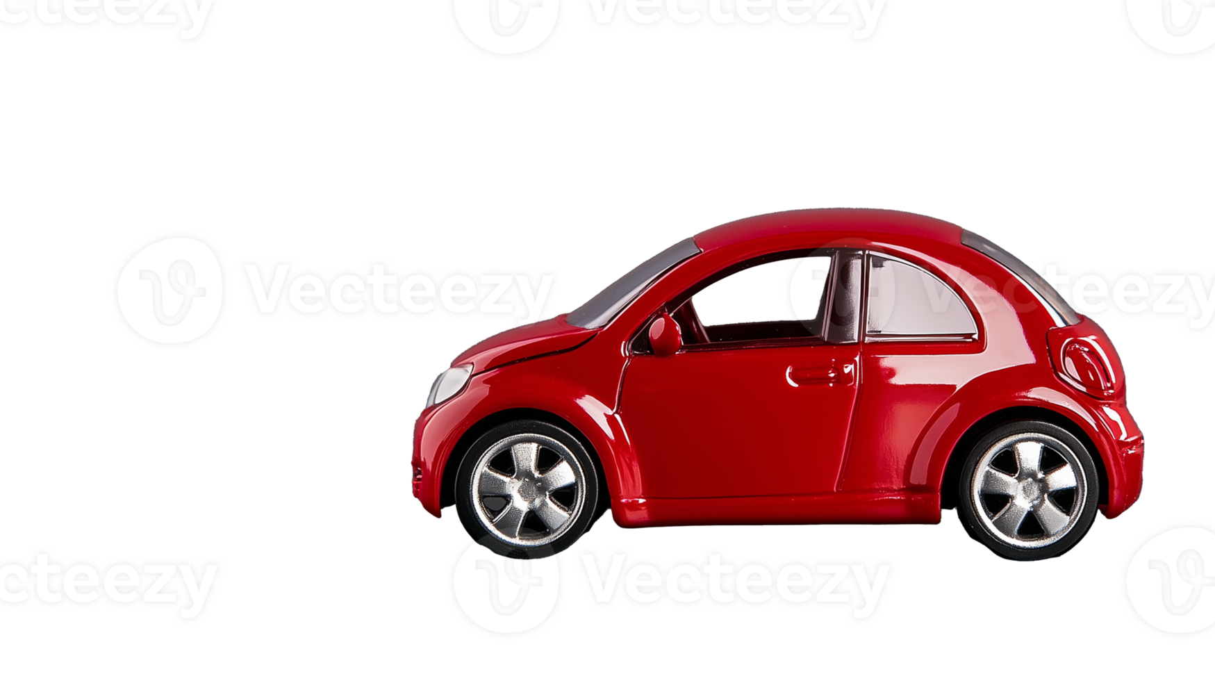 Red toy car model on transparent background showcasing sleek design and vibrant color png