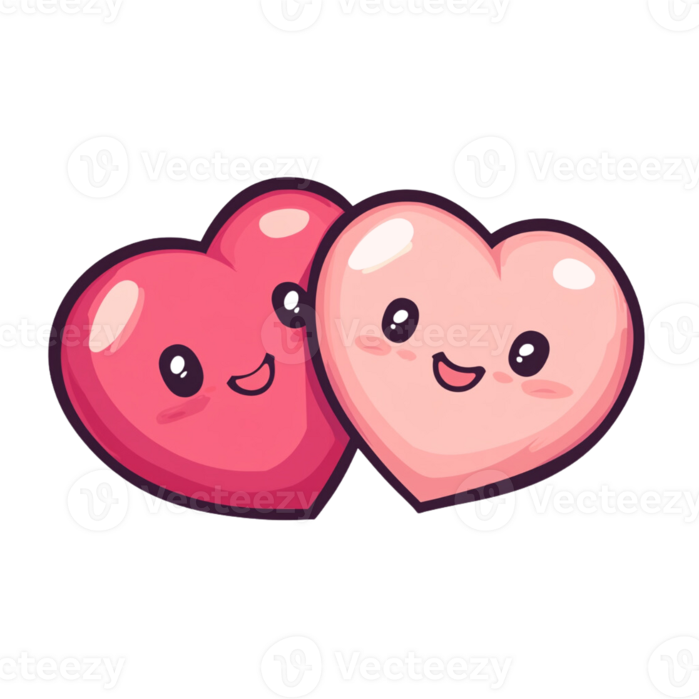 Two red hearts cartoon overlapping element on transparent background. png