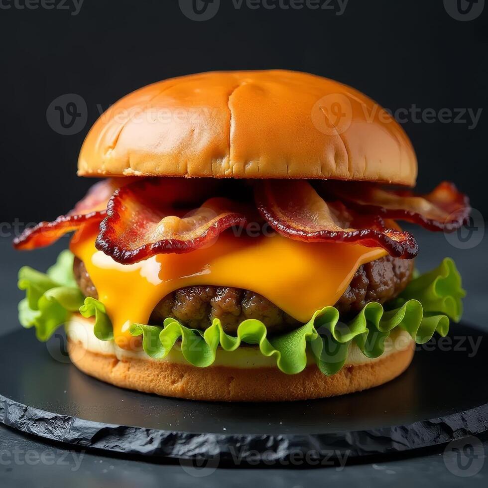 A hamburger with bacon and cheese on top photo
