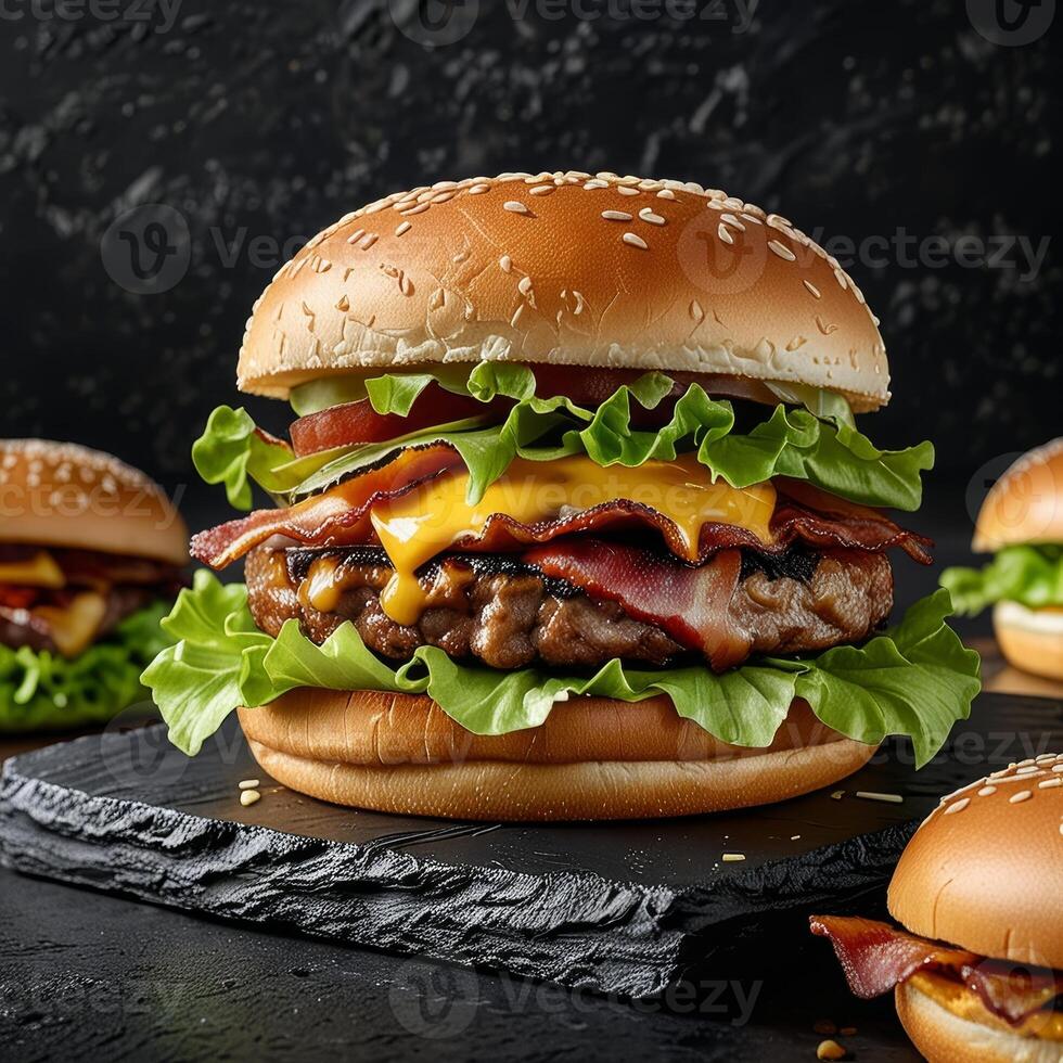 A hamburger with bacon, lettuce and cheese on a black background photo